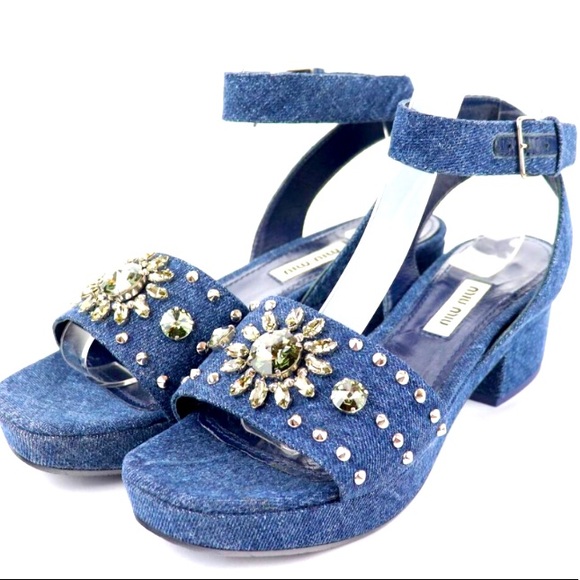 Miu Miu Shoes - Miu Miu Denim Crystal Chunky Heel Sandals 7*